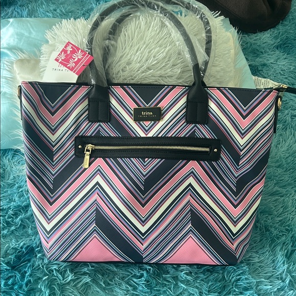 Trina Turk Handbags - Trina Turk Chevron Tote in Pink and Navy